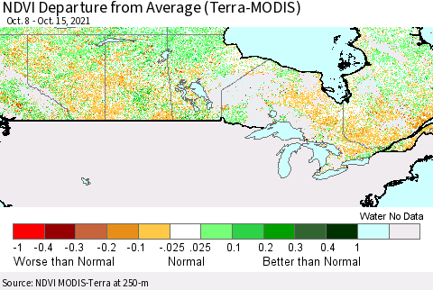 Canada NDVI Departure from Average (Terra-MODIS) Thematic Map For 10/8/2021 - 10/15/2021