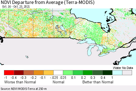 Canada NDVI Departure from Average (Terra-MODIS) Thematic Map For 10/16/2021 - 10/23/2021