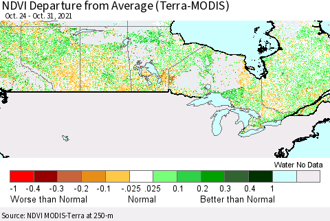 Canada NDVI Departure from Average (Terra-MODIS) Thematic Map For 10/24/2021 - 10/31/2021