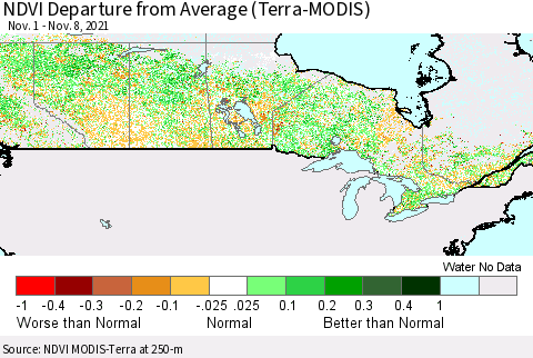 Canada NDVI Departure from Average (Terra-MODIS) Thematic Map For 11/1/2021 - 11/8/2021