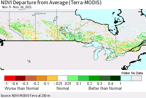 Canada NDVI Departure from Average (Terra-MODIS) Thematic Map For 11/9/2021 - 11/16/2021