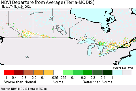 Canada NDVI Departure from Average (Terra-MODIS) Thematic Map For 11/17/2021 - 11/24/2021