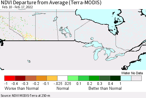 Canada NDVI Departure from Average (Terra-MODIS) Thematic Map For 2/10/2022 - 2/17/2022