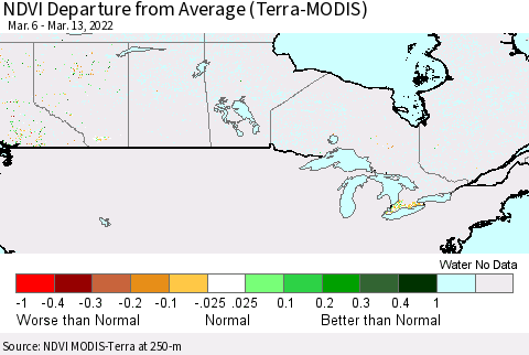 Canada NDVI Departure from Average (Terra-MODIS) Thematic Map For 3/6/2022 - 3/13/2022