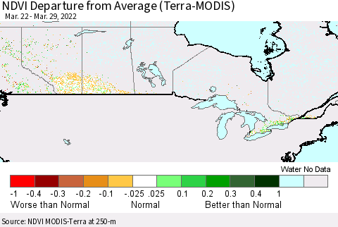Canada NDVI Departure from Average (Terra-MODIS) Thematic Map For 3/22/2022 - 3/29/2022