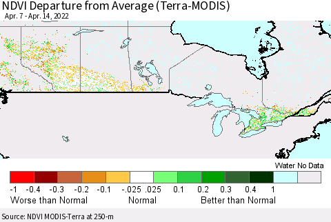 Canada NDVI Departure from Average (Terra-MODIS) Thematic Map For 4/7/2022 - 4/14/2022
