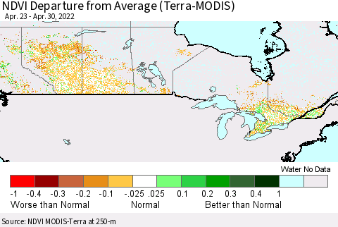 Canada NDVI Departure from Average (Terra-MODIS) Thematic Map For 4/23/2022 - 4/30/2022
