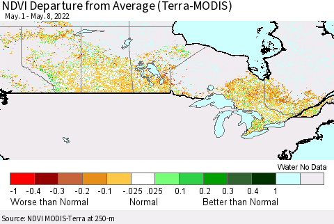 Canada NDVI Departure from Average (Terra-MODIS) Thematic Map For 5/1/2022 - 5/8/2022