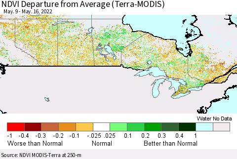 Canada NDVI Departure from Average (Terra-MODIS) Thematic Map For 5/9/2022 - 5/16/2022