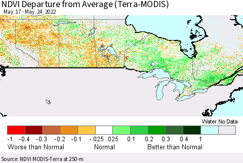 Canada NDVI Departure from Average (Terra-MODIS) Thematic Map For 5/17/2022 - 5/24/2022