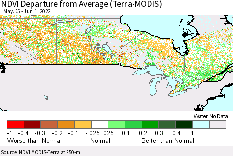 Canada NDVI Departure from Average (Terra-MODIS) Thematic Map For 5/25/2022 - 6/1/2022