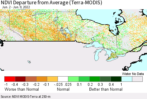 Canada NDVI Departure from Average (Terra-MODIS) Thematic Map For 6/2/2022 - 6/9/2022