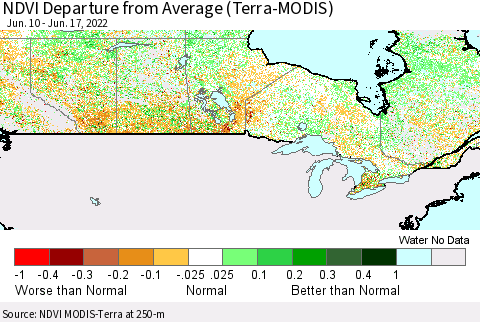Canada NDVI Departure from Average (Terra-MODIS) Thematic Map For 6/10/2022 - 6/17/2022