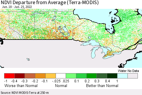 Canada NDVI Departure from Average (Terra-MODIS) Thematic Map For 6/18/2022 - 6/25/2022