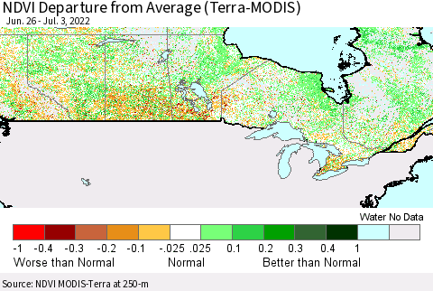 Canada NDVI Departure from Average (Terra-MODIS) Thematic Map For 6/26/2022 - 7/3/2022