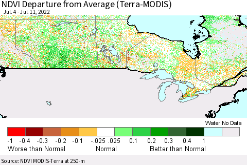 Canada NDVI Departure from Average (Terra-MODIS) Thematic Map For 7/4/2022 - 7/11/2022