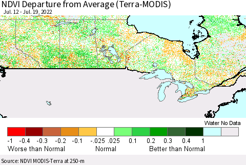 Canada NDVI Departure from Average (Terra-MODIS) Thematic Map For 7/12/2022 - 7/19/2022