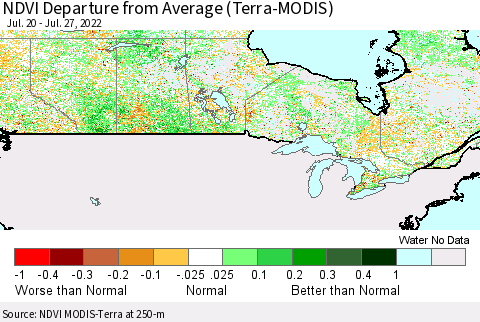 Canada NDVI Departure from Average (Terra-MODIS) Thematic Map For 7/20/2022 - 7/27/2022
