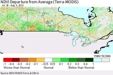 Canada NDVI Departure from Average (Terra-MODIS) Thematic Map For 7/28/2022 - 8/4/2022