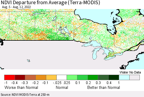 Canada NDVI Departure from Average (Terra-MODIS) Thematic Map For 8/5/2022 - 8/12/2022
