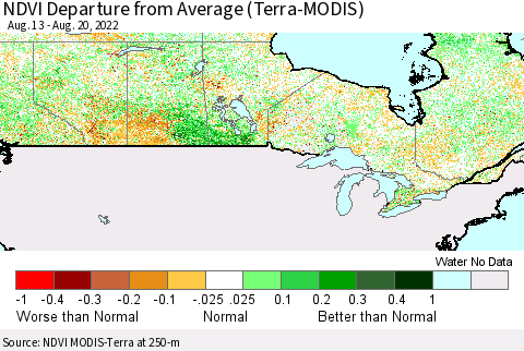 Canada NDVI Departure from Average (Terra-MODIS) Thematic Map For 8/13/2022 - 8/20/2022
