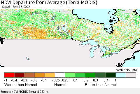 Canada NDVI Departure from Average (Terra-MODIS) Thematic Map For 9/6/2022 - 9/13/2022
