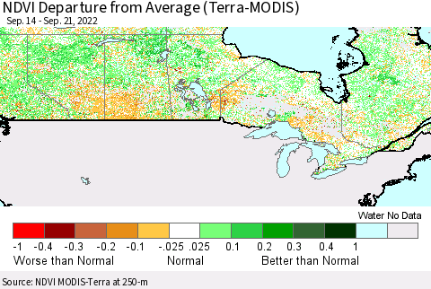 Canada NDVI Departure from Average (Terra-MODIS) Thematic Map For 9/14/2022 - 9/21/2022