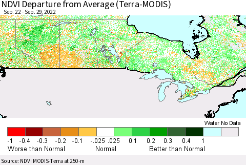 Canada NDVI Departure from Average (Terra-MODIS) Thematic Map For 9/22/2022 - 9/29/2022