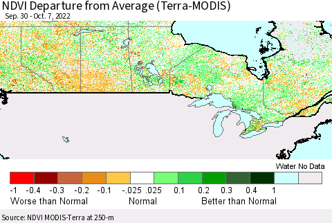 Canada NDVI Departure from Average (Terra-MODIS) Thematic Map For 9/30/2022 - 10/7/2022