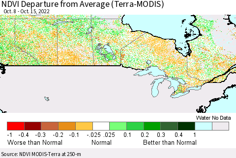 Canada NDVI Departure from Average (Terra-MODIS) Thematic Map For 10/8/2022 - 10/15/2022