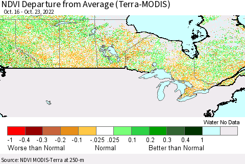 Canada NDVI Departure from Average (Terra-MODIS) Thematic Map For 10/16/2022 - 10/23/2022