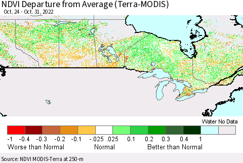 Canada NDVI Departure from Average (Terra-MODIS) Thematic Map For 10/24/2022 - 10/31/2022