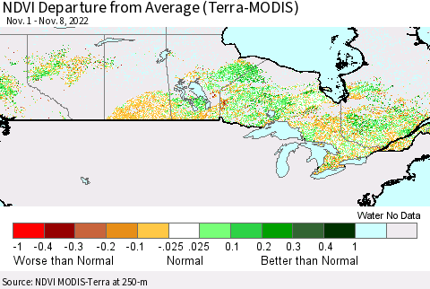 Canada NDVI Departure from Average (Terra-MODIS) Thematic Map For 11/1/2022 - 11/8/2022