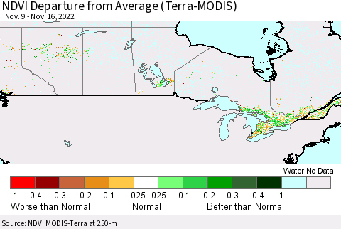 Canada NDVI Departure from Average (Terra-MODIS) Thematic Map For 11/9/2022 - 11/16/2022