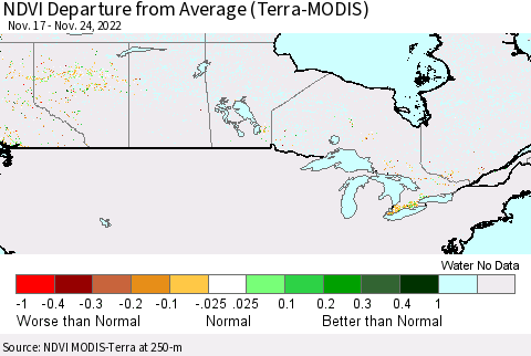 Canada NDVI Departure from Average (Terra-MODIS) Thematic Map For 11/17/2022 - 11/24/2022
