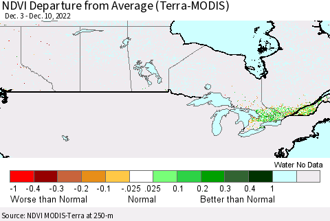 Canada NDVI Departure from Average (Terra-MODIS) Thematic Map For 12/3/2022 - 12/10/2022