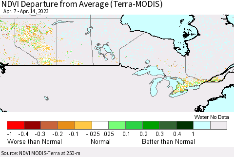 Canada NDVI Departure from Average (Terra-MODIS) Thematic Map For 4/7/2023 - 4/14/2023