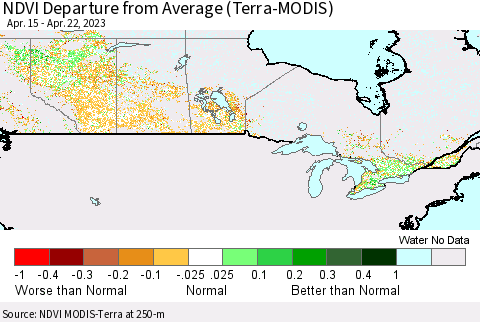 Canada NDVI Departure from Average (Terra-MODIS) Thematic Map For 4/15/2023 - 4/22/2023