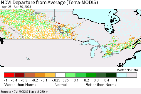 Canada NDVI Departure from Average (Terra-MODIS) Thematic Map For 4/23/2023 - 4/30/2023