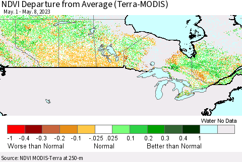 Canada NDVI Departure from Average (Terra-MODIS) Thematic Map For 5/1/2023 - 5/8/2023