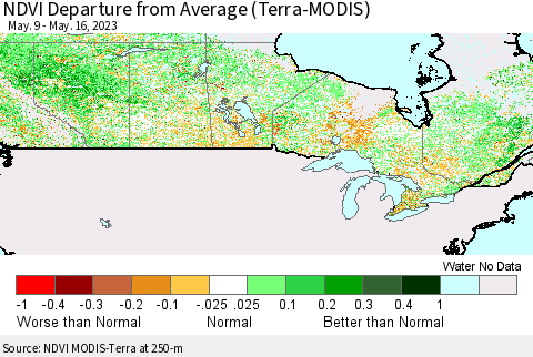 Canada NDVI Departure from Average (Terra-MODIS) Thematic Map For 5/9/2023 - 5/16/2023