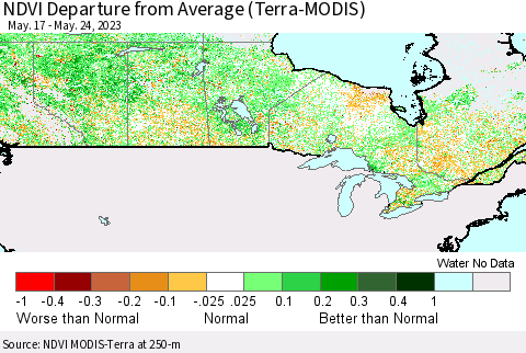 Canada NDVI Departure from Average (Terra-MODIS) Thematic Map For 5/17/2023 - 5/24/2023