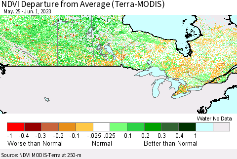 Canada NDVI Departure from Average (Terra-MODIS) Thematic Map For 5/25/2023 - 6/1/2023