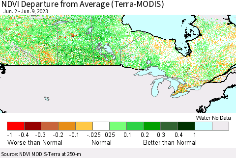 Canada NDVI Departure from Average (Terra-MODIS) Thematic Map For 6/2/2023 - 6/9/2023