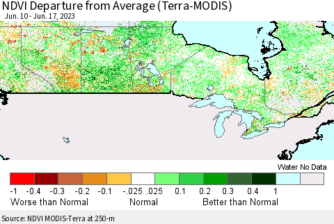 Canada NDVI Departure from Average (Terra-MODIS) Thematic Map For 6/10/2023 - 6/17/2023