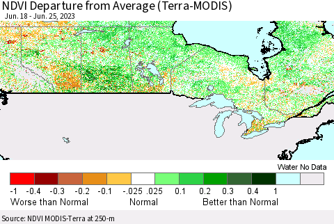 Canada NDVI Departure from Average (Terra-MODIS) Thematic Map For 6/18/2023 - 6/25/2023