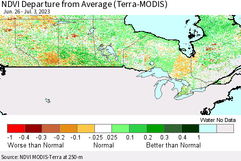 Canada NDVI Departure from Average (Terra-MODIS) Thematic Map For 6/26/2023 - 7/3/2023