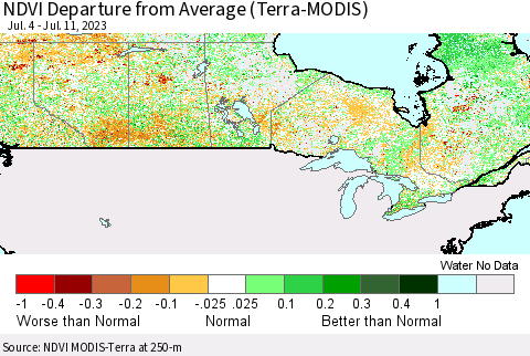Canada NDVI Departure from Average (Terra-MODIS) Thematic Map For 7/4/2023 - 7/11/2023