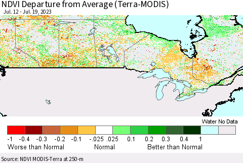Canada NDVI Departure from Average (Terra-MODIS) Thematic Map For 7/12/2023 - 7/19/2023