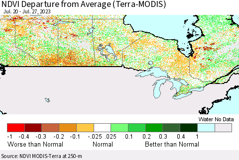 Canada NDVI Departure from Average (Terra-MODIS) Thematic Map For 7/20/2023 - 7/27/2023